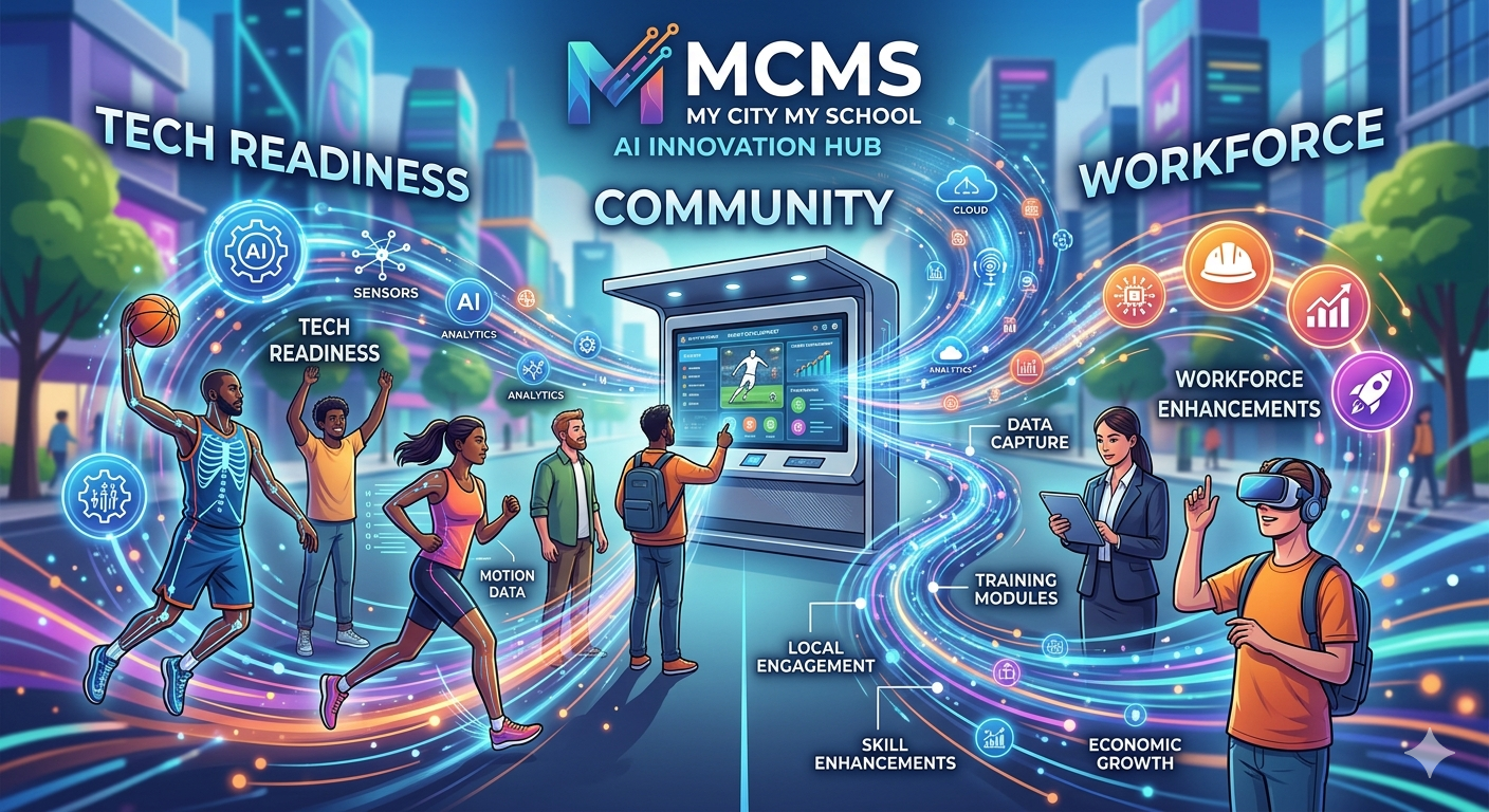 Illustrated MCMS AI Innovation Hub kiosk with athletes, residents, and workforce trainees interacting around a central Howard kiosk